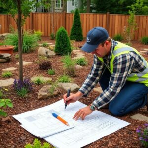 Landscape designer reviewing plans at a Raleigh NC residential property