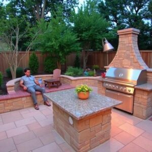Outdoor kitchen and hardscape living space in Raleigh North Carolina
