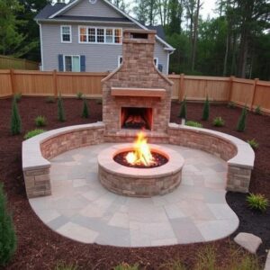 Custom fire pit and outdoor fireplace with paver patio in Raleigh NC