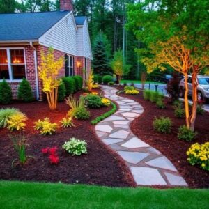 Flagstone walkway and landscape lighting at a Raleigh NC residential property