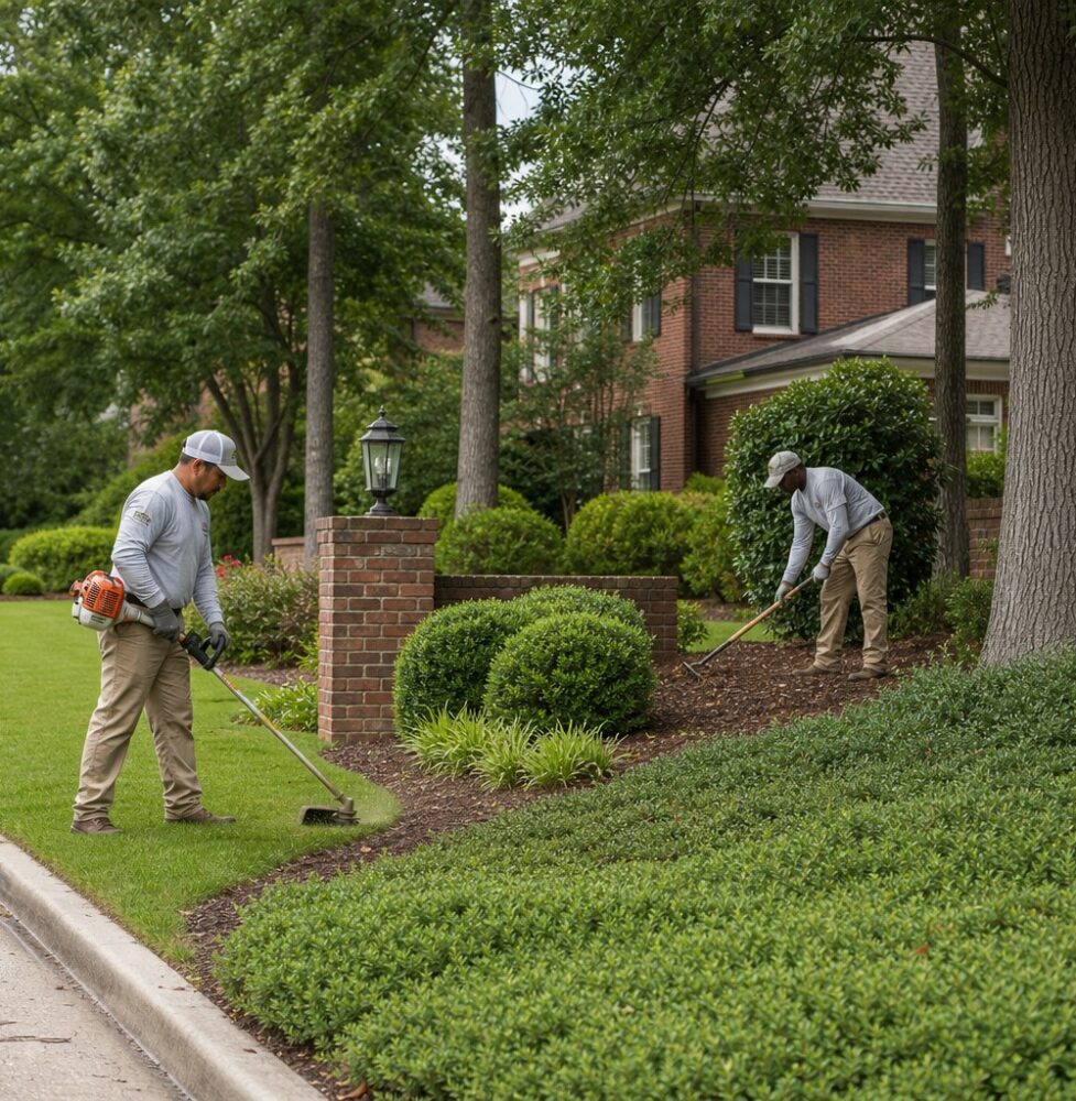 Commercial landscaping crew maintaining a property in Raleigh, North Carolina
