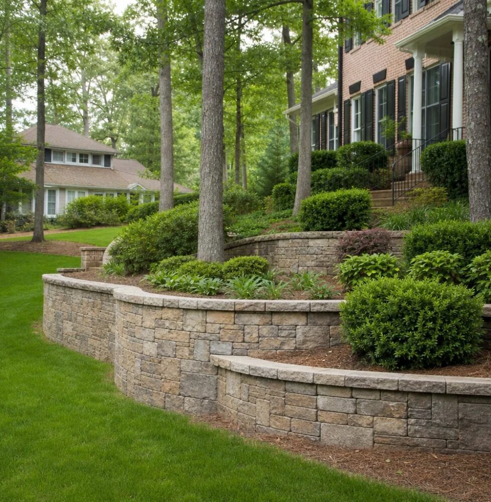 Retaining wall and bed work on a Cary clay-soil lot