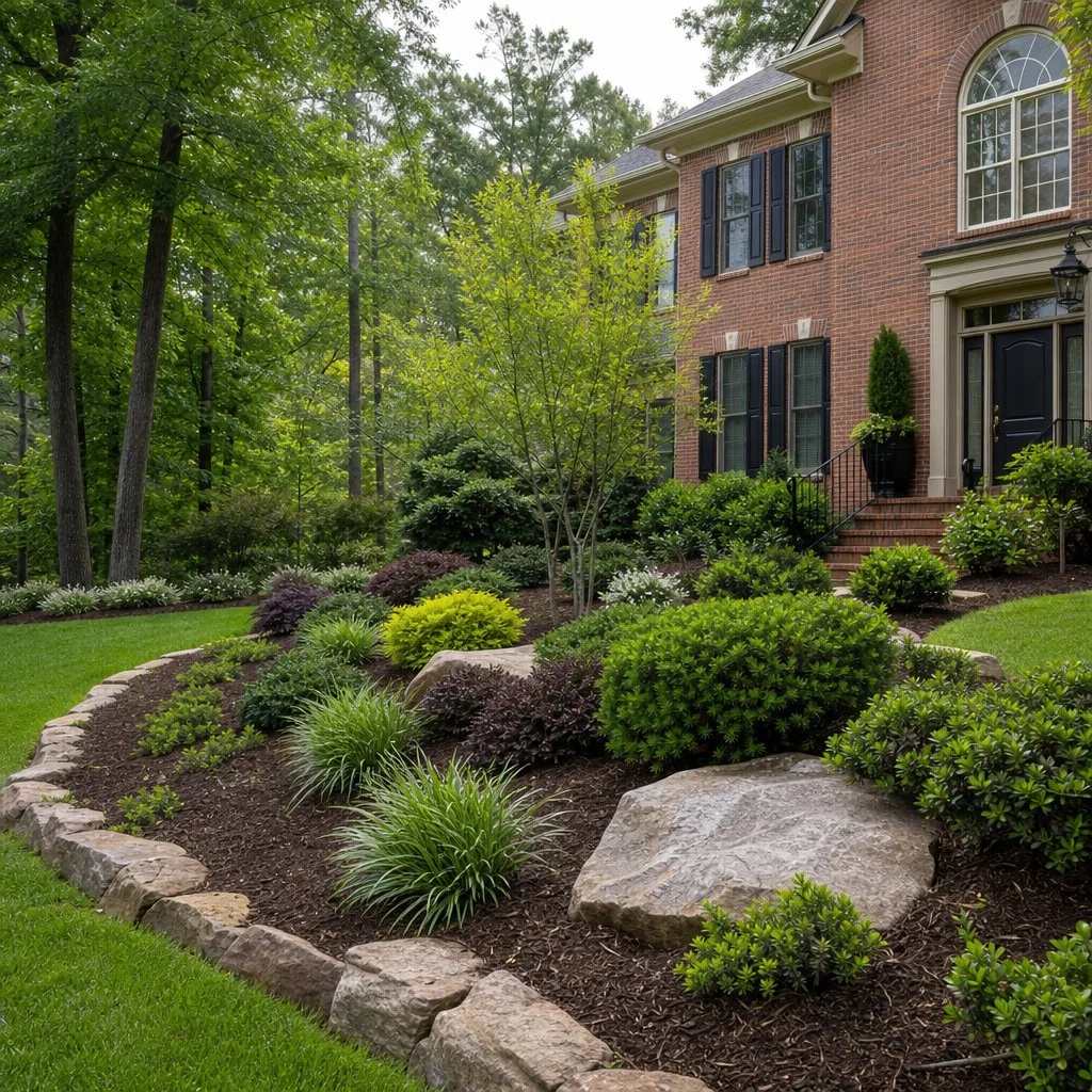 Completed landscape on a semi-rural Fuquay-Varina property