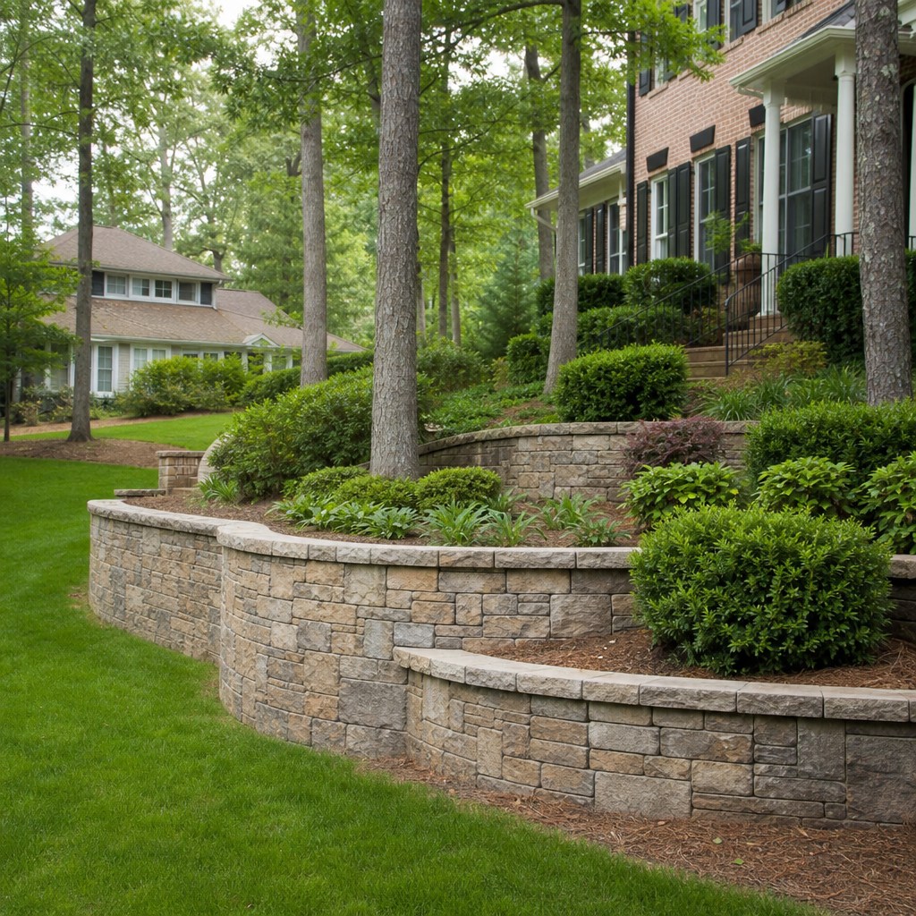 Natural stone retaining and seat wall with planting beds in Raleigh, North Carolina