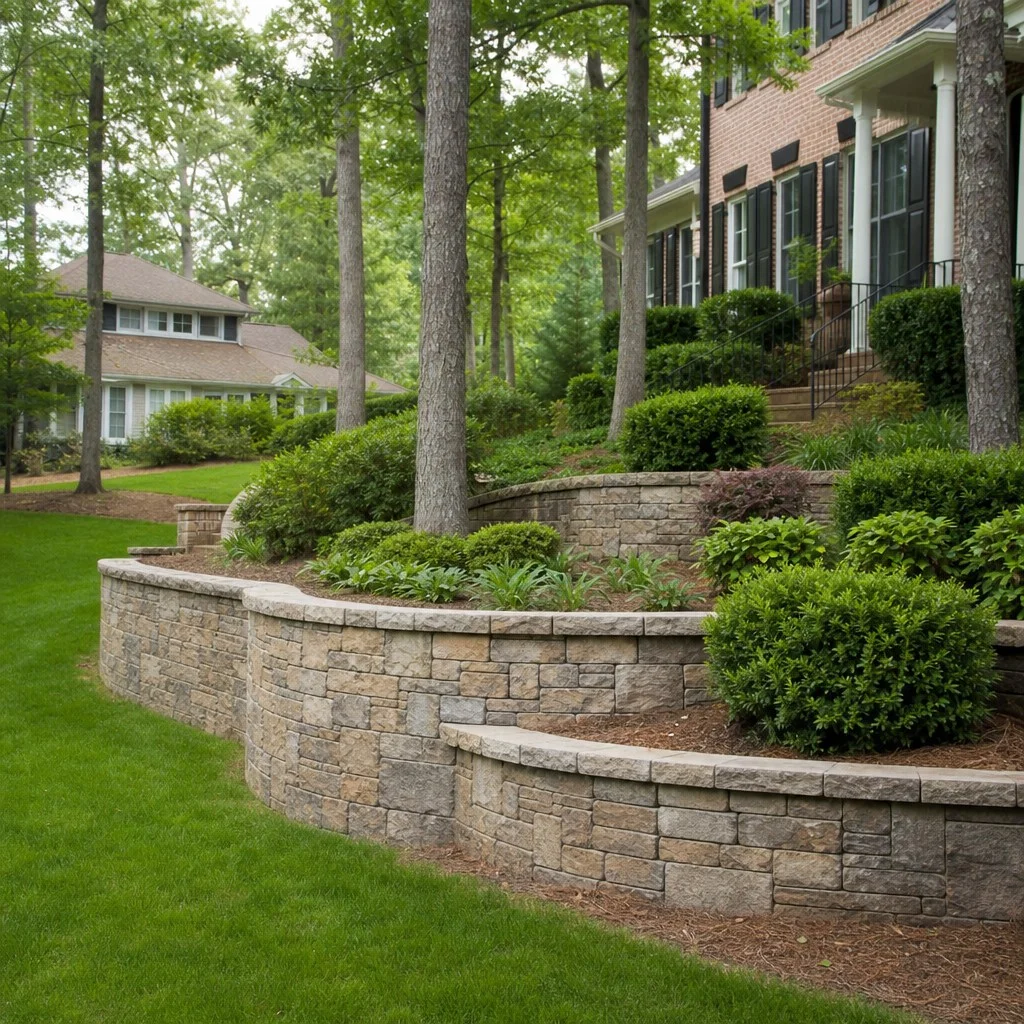 Retaining wall and bed work on a Cary clay-soil lot