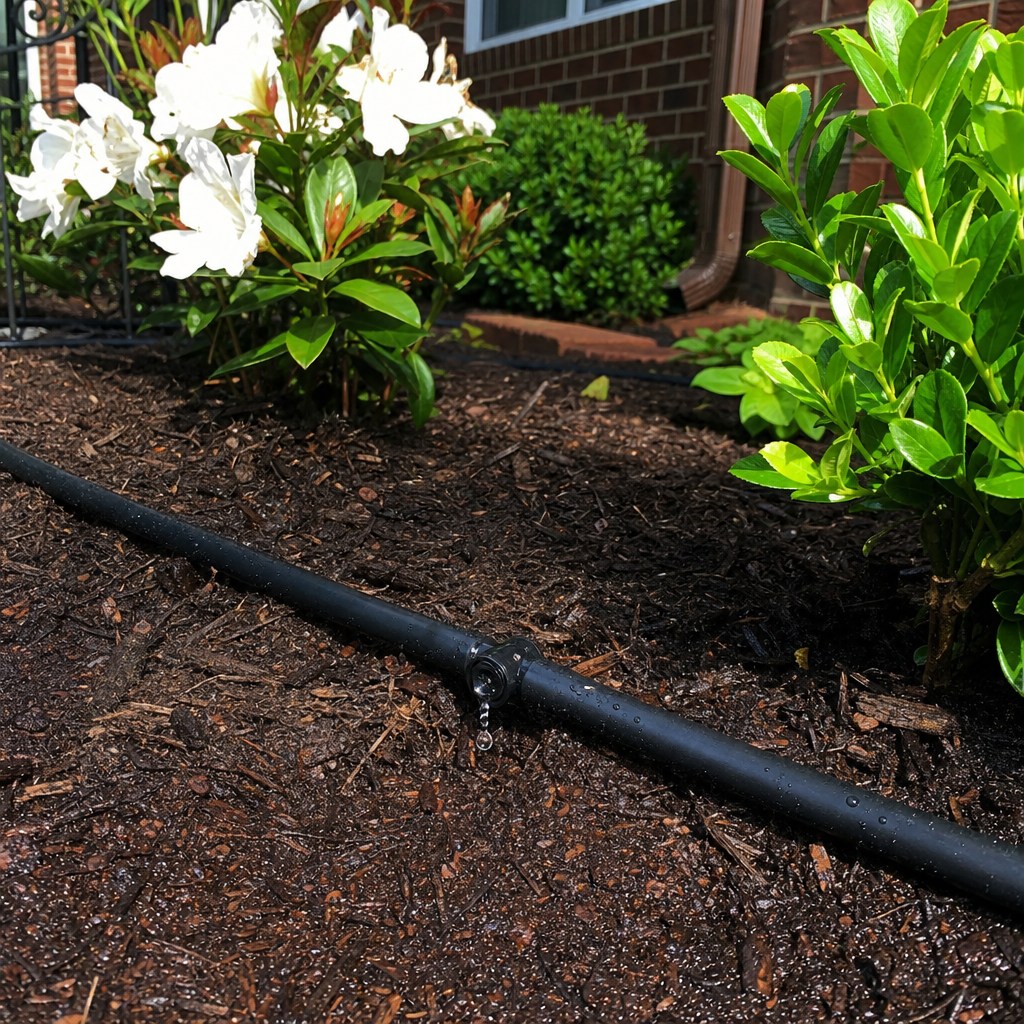 Drip irrigation tubing and emitters in a planting bed in Raleigh, North Carolina