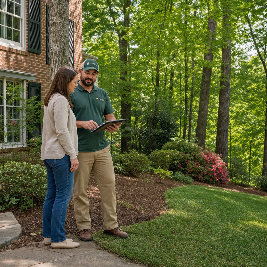 Landscaping professional consulting with a homeowner during an on-site estimate in Raleigh, North Carolina