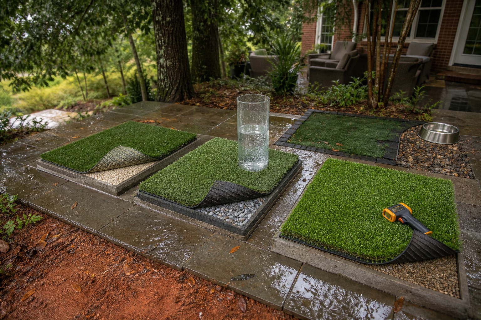 Artificial turf samples tested for drain-through backing and surface heat after rain in a Raleigh yard