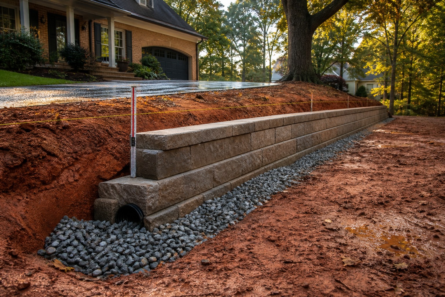 Low retaining wall measured across Raleigh red clay with a visible drainage aggregate zone and driveway above